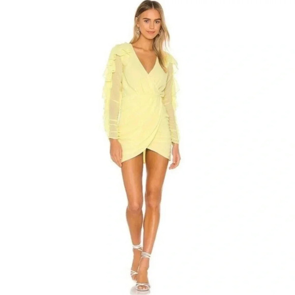 NBD Dresses & Skirts - NBD Indira Mini Dress Size Small Ruched Chiffon Ruffle  Yellow Party Cocktail